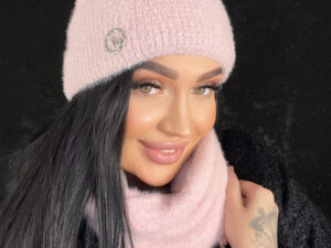 Komplet Alpaka Czapka Z Pomponem + Komin Jasny Róż