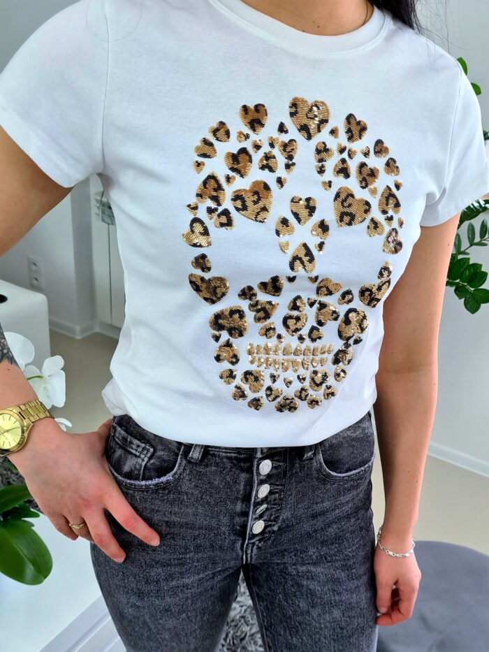 T-shirt Czaszka Serca Biało Złoty