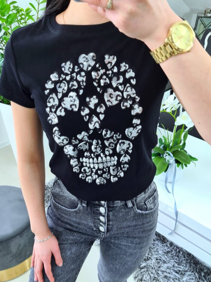 T-shirt Czaszka Serca Czarno Srebrna