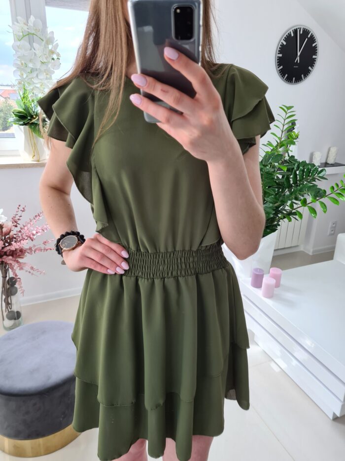 Sukienka Elegancka Asymetryczna Falbanki Khaki - obrazek 2