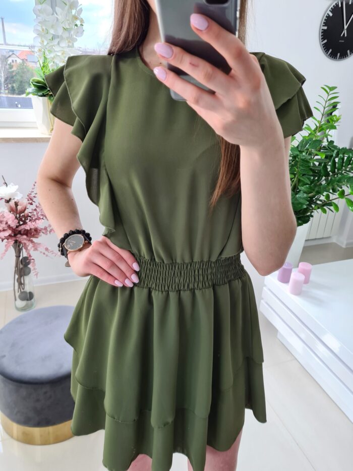 Sukienka Elegancka Asymetryczna Falbanki Khaki