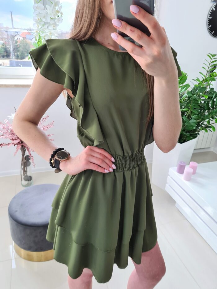Sukienka Elegancka Asymetryczna Falbanki Khaki - obrazek 4