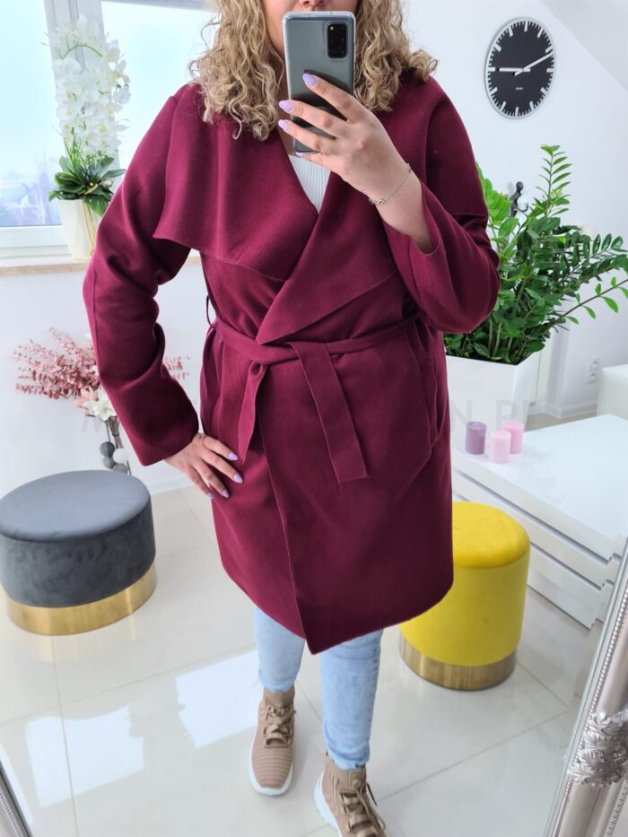 Płaszcz Bordowy Plus Size z Flauszu
