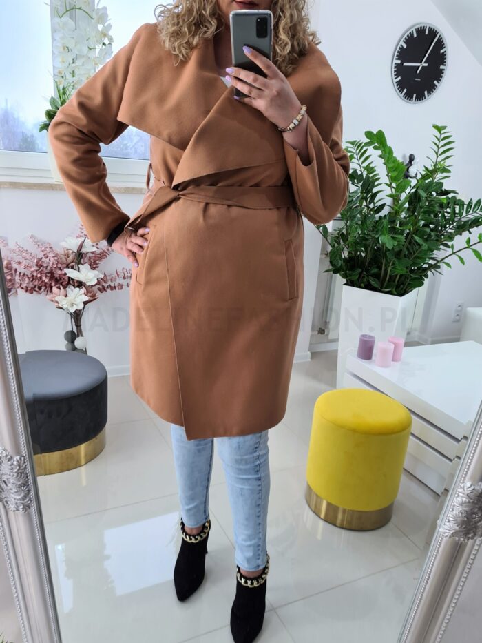 Płaszcz Karmelowy Ciemny Plus Size z Flauszu - obrazek 4
