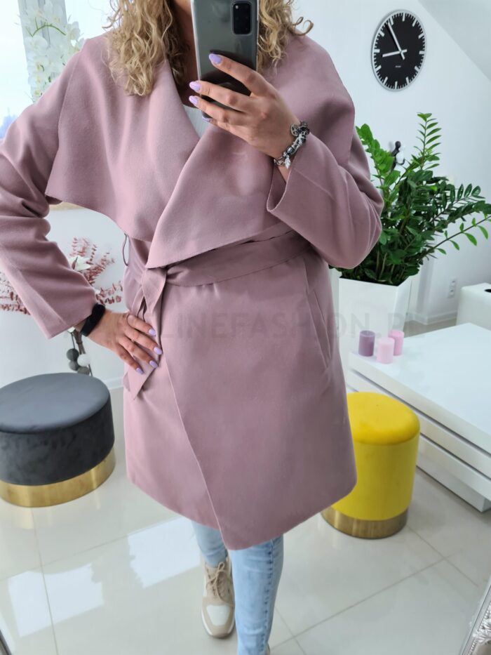 Płaszcz Pudrowy Róż Plus Size z Flauszu
