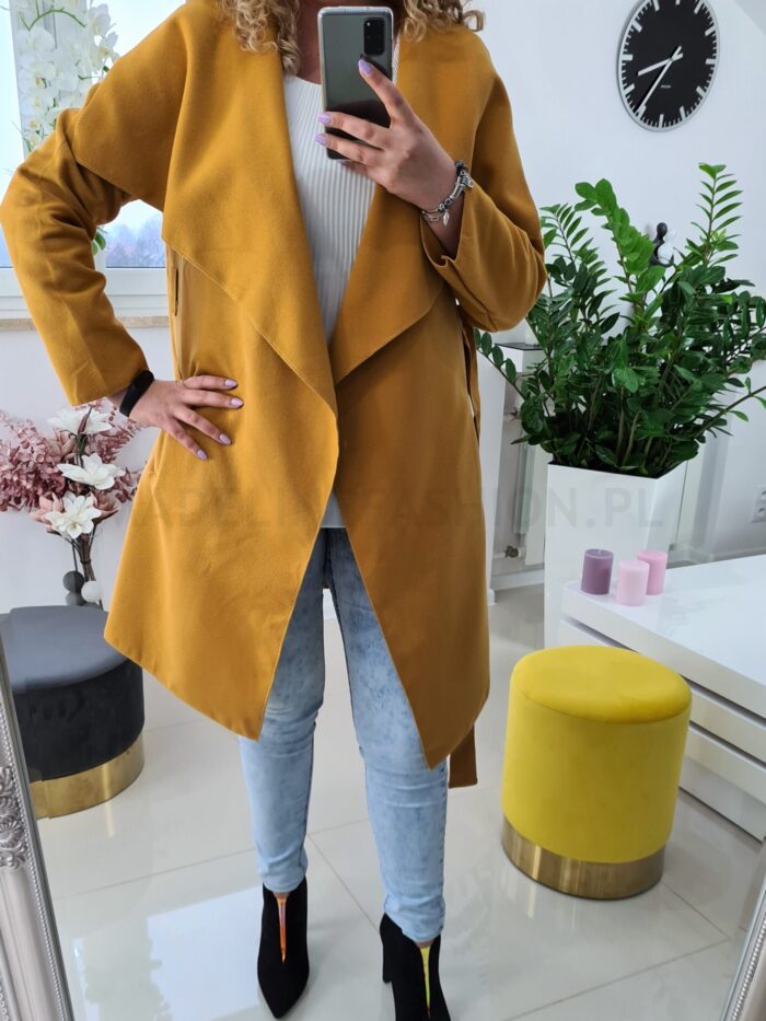 Płaszcz Musztardowy Plus Size z Flauszu
