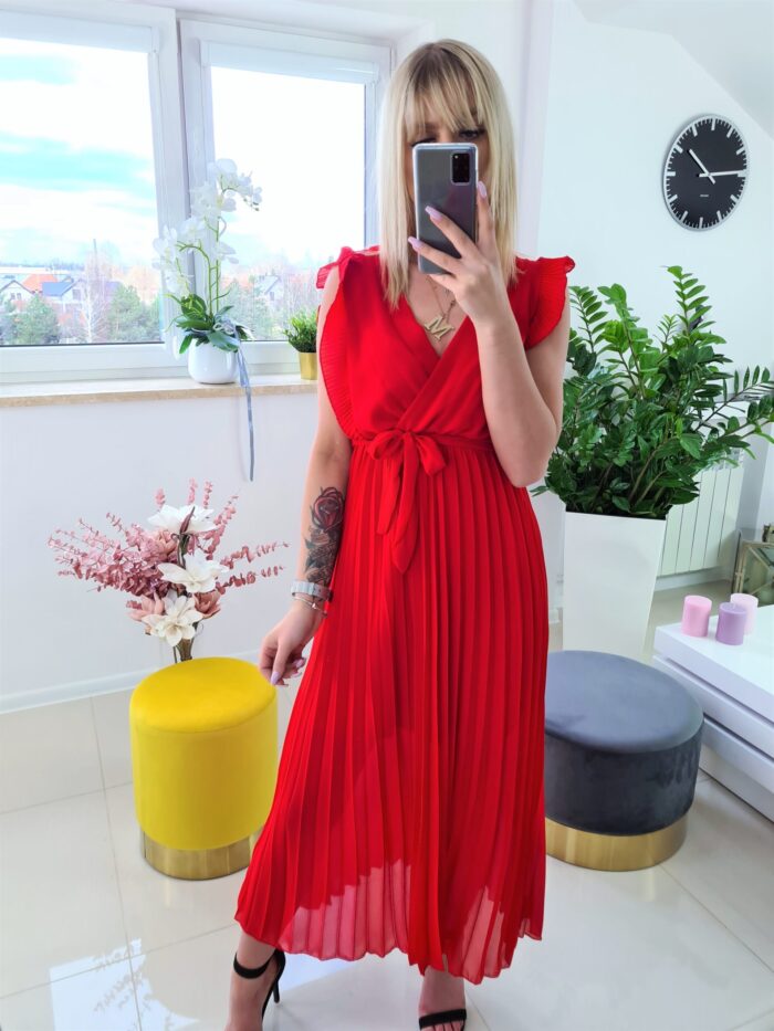 Sukienka Maxi Plisowana z Falbankami Czerwona Romance