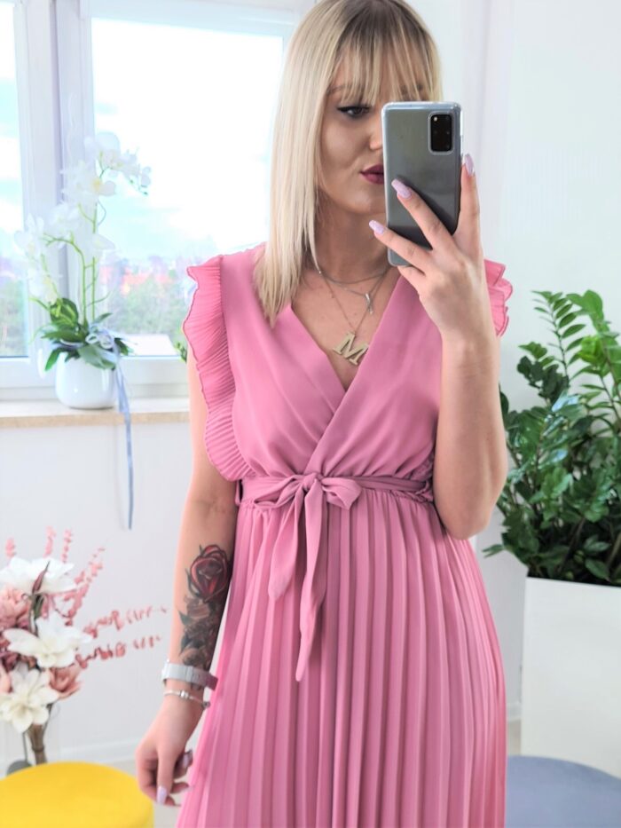 Sukienka Maxi Plisowana z Falbankami Brudny Róż Romance - obrazek 2
