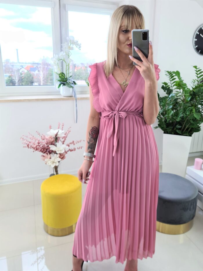 Sukienka Maxi Plisowana z Falbankami Brudny Róż Romance