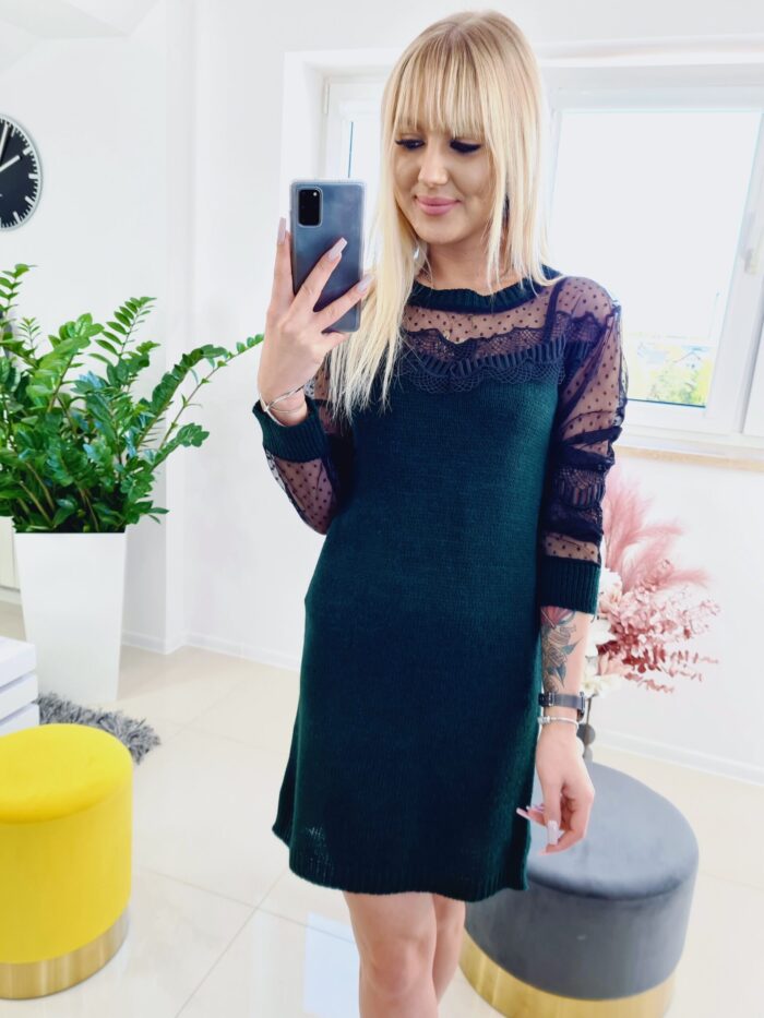 Tunika Sweterkowa z Koronką Butelkowa Zieleń - obrazek 3