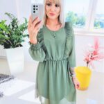 Sukienka Szyfonowa z Długim Rękawem Khaki Lisbona - obrazek 3