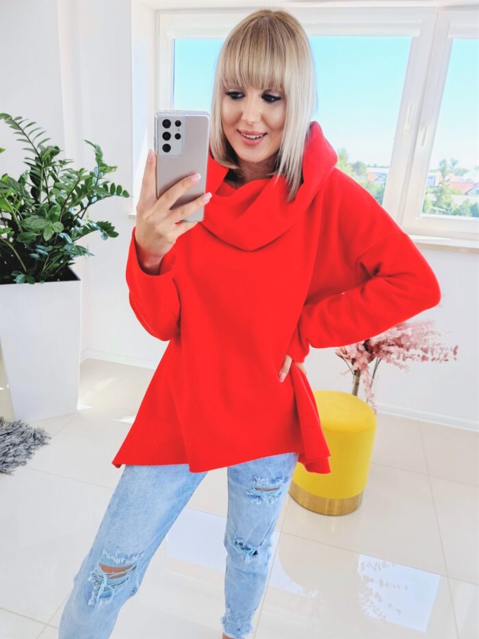 Bluza Z Kapturem Luźna Asymetryczna Mirou Czerwona