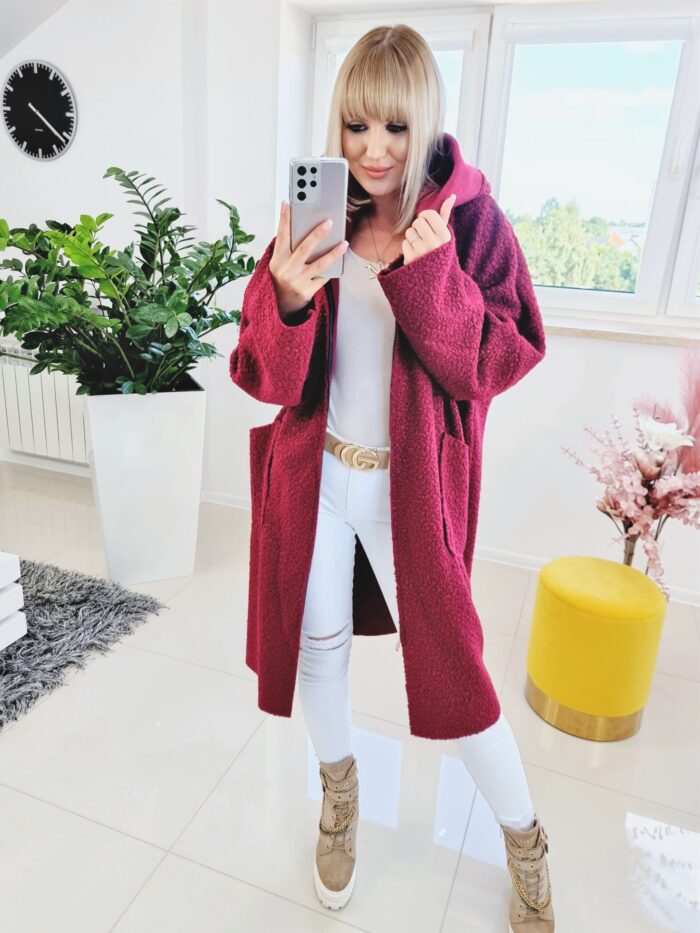 Bluza Plus Size Supełkowa z Bukli Oversize Bordowa