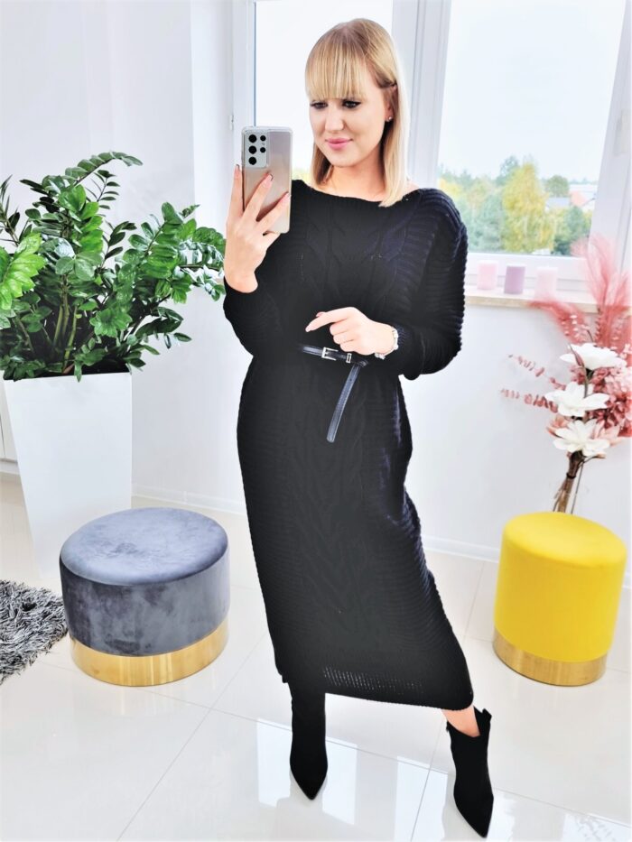 Sukienka Sweterkowa w Warkocze Maxi Czarna Anastazja - obrazek 4
