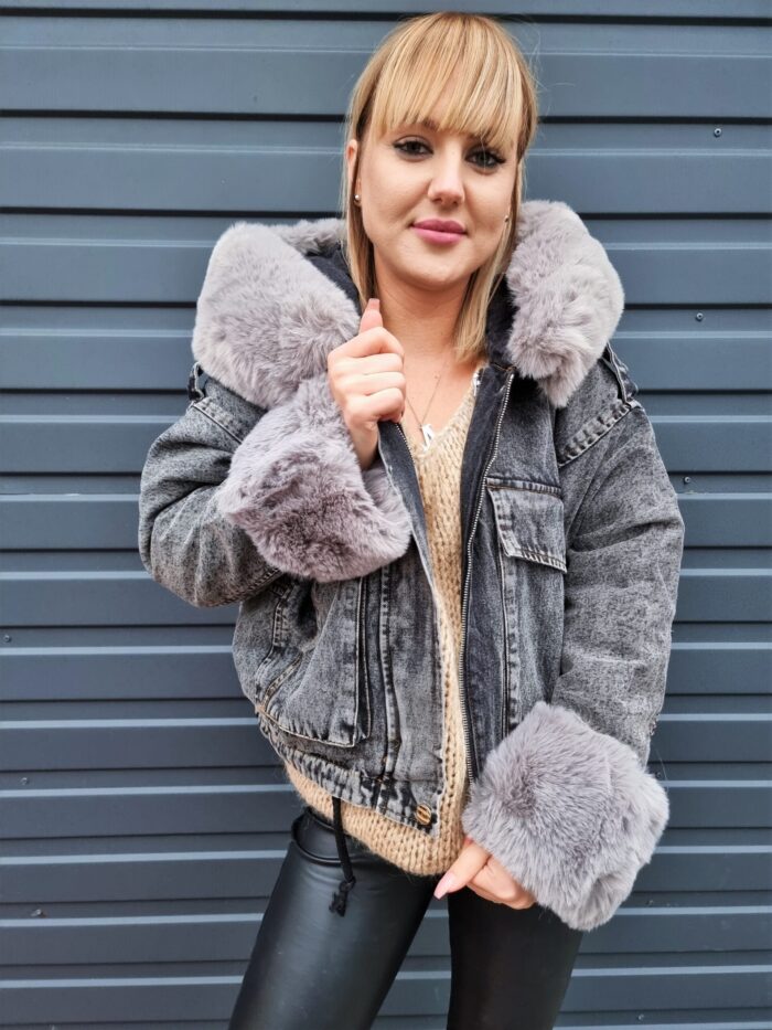 Kurtka Jeansowa z Futerkiem i Kapturem Jeans Czarny + Szary