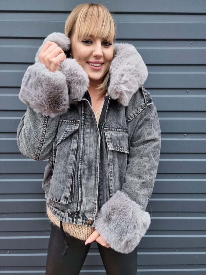 Kurtka Jeansowa z Futerkiem i Kapturem Jeans Czarny + Szary - obrazek 4