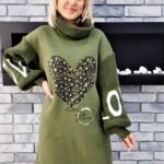 Bluza Długa Oversize z Golfem Khaki - obrazek 3