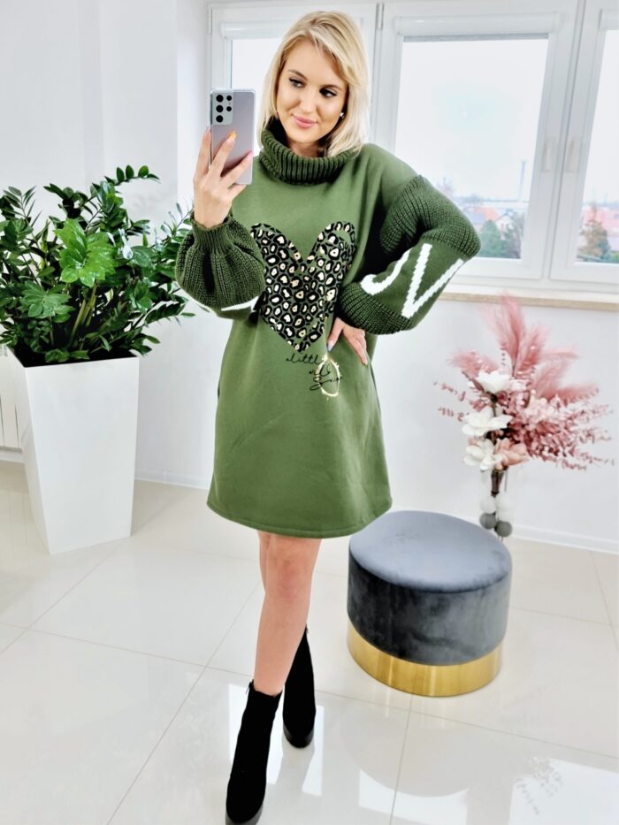 Bluza Długa Oversize z Golfem Khaki - obrazek 2