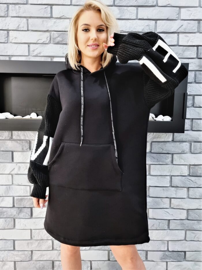 Bluza Długa Oversize z Kapturem Czarna Love - obrazek 5