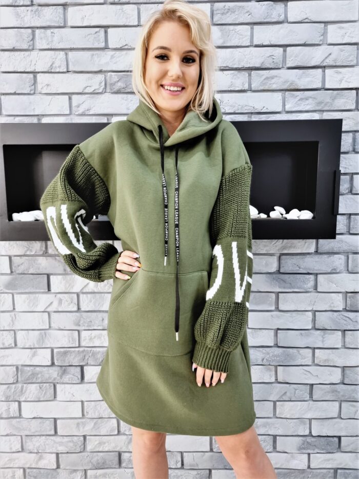 Bluza Długa Oversize z Kapturem Khaki Love