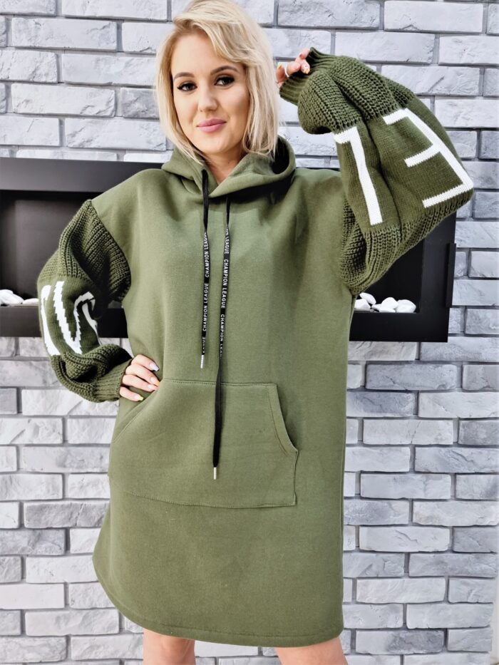 Bluza Długa Oversize z Kapturem Khaki Love - obrazek 5