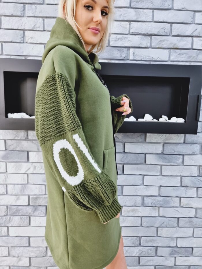 Bluza Długa Oversize z Kapturem Khaki Love - obrazek 4