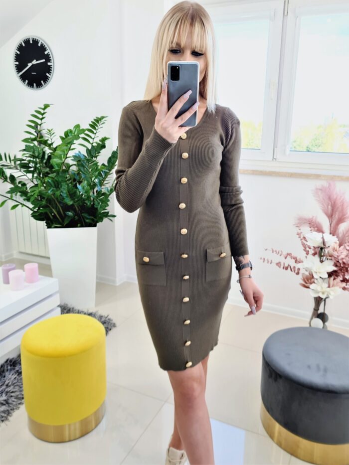 Sukienka Meri Slim Guziki Khaki - obrazek 3