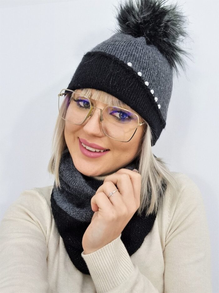 Komplet Zimowy Z Pomponem Szaro Czarny Perełki