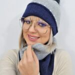 Komplet Zimowy Z Pomponem Szaro Granatowy Perełki