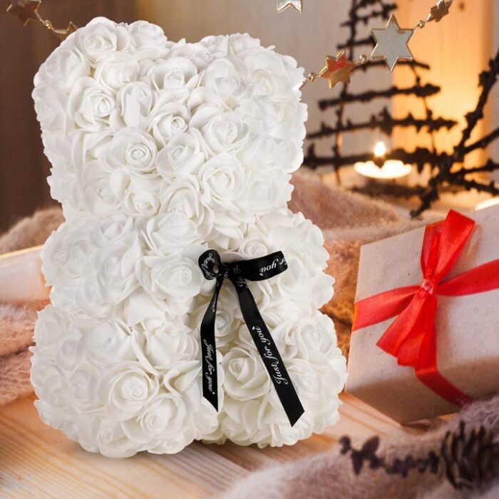 Miś z Róż Biały 25 cm + Pudełko Prezent