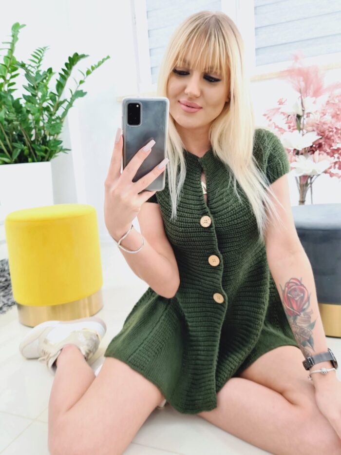 Sweter Rozkloszowany Zapinany Na Guziki Khaki