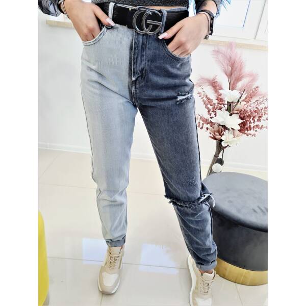 Spodnie Dwukolorowe Postrzępione Jeans Szare
