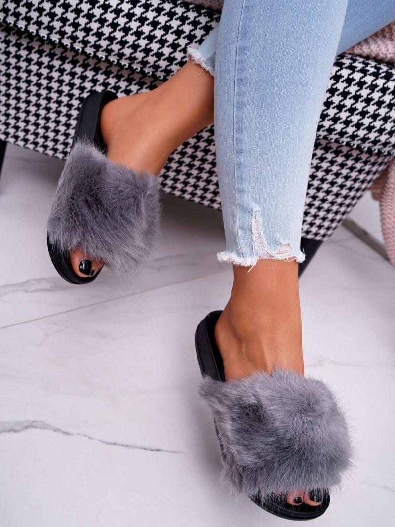 Klapki Letnie Damskie Z Futerkiem Szare