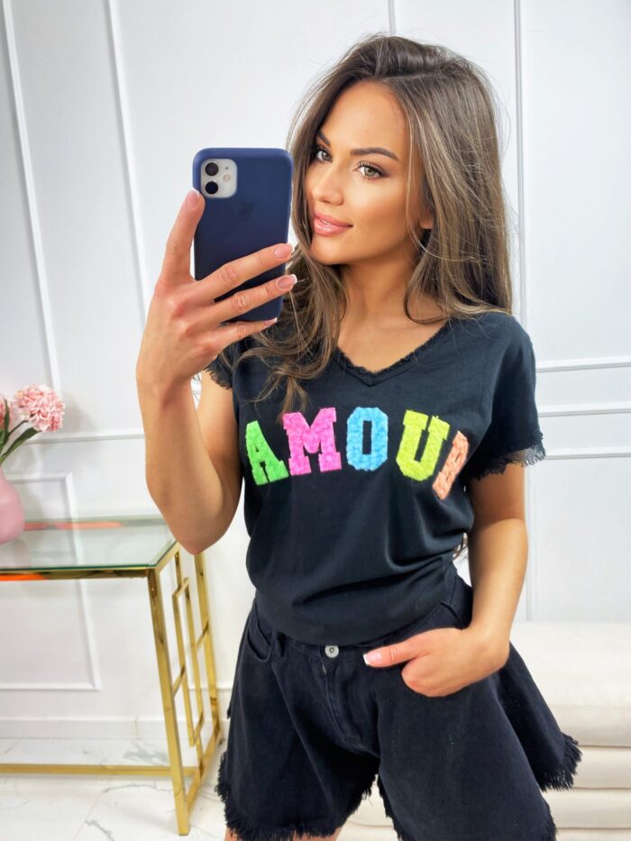 T-shirt Gładki Amour Czarny - obrazek 2