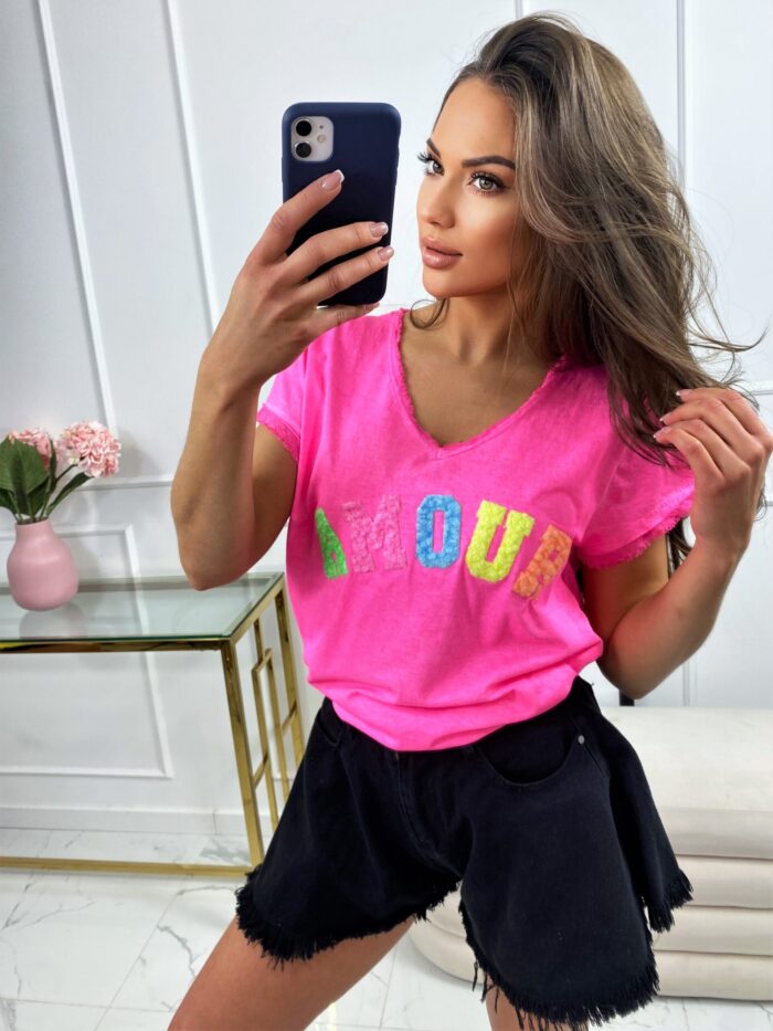 T-shirt Gładki Amour Fuksja Neon