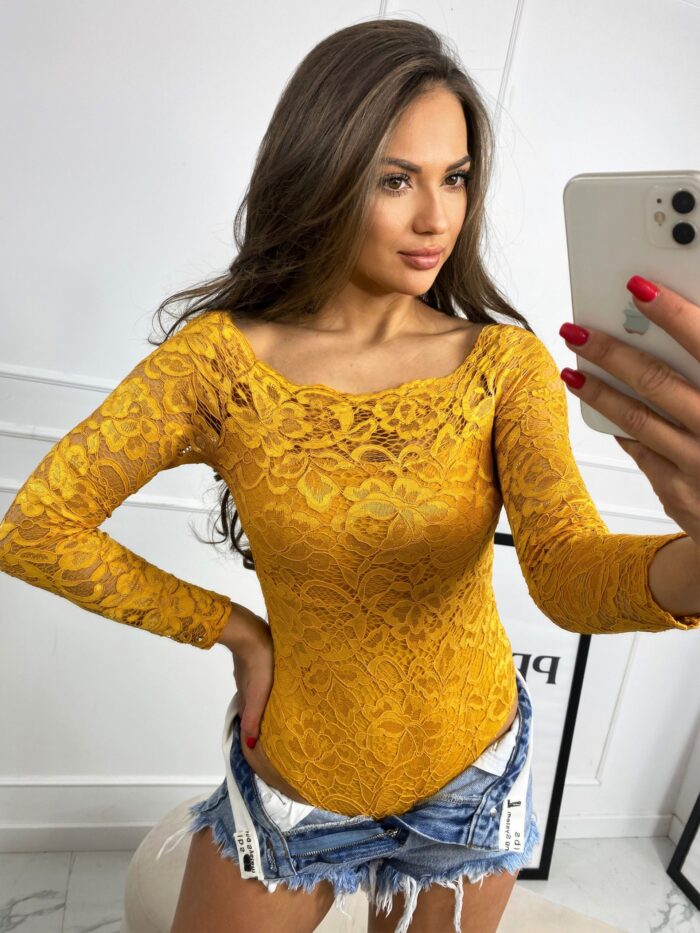 Body Koronkowe Odkryte Ramiona Musztardowe
