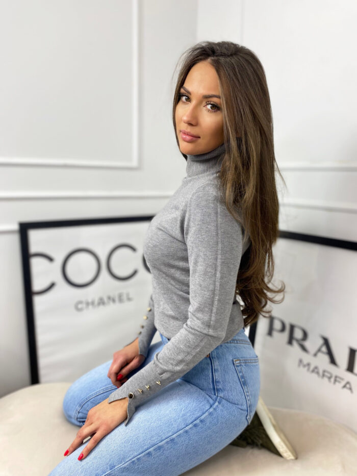 Golf Dopasowany z Guziczkami Na Rękawie Tiffani Szary - obrazek 2
