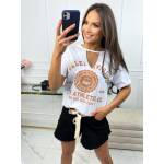 T-shirt Collevision Biały Z Karmelowymi Napisami