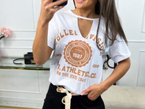 T-shirt Collevision Biały Z Karmelowymi Napisami