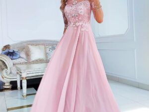 Sukienka z Rękawkiem Maria Pudrowy Róż<span> - </span>44/XXL