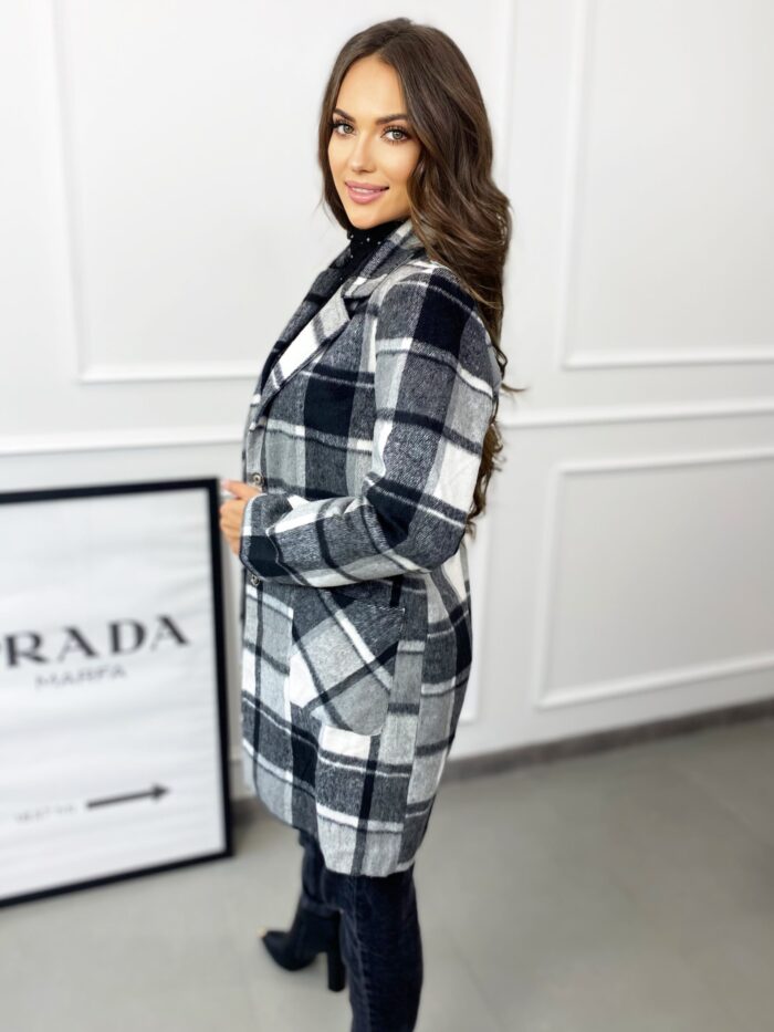 Elegancki Płaszcz w Kratę Czarny Renee - obrazek 4