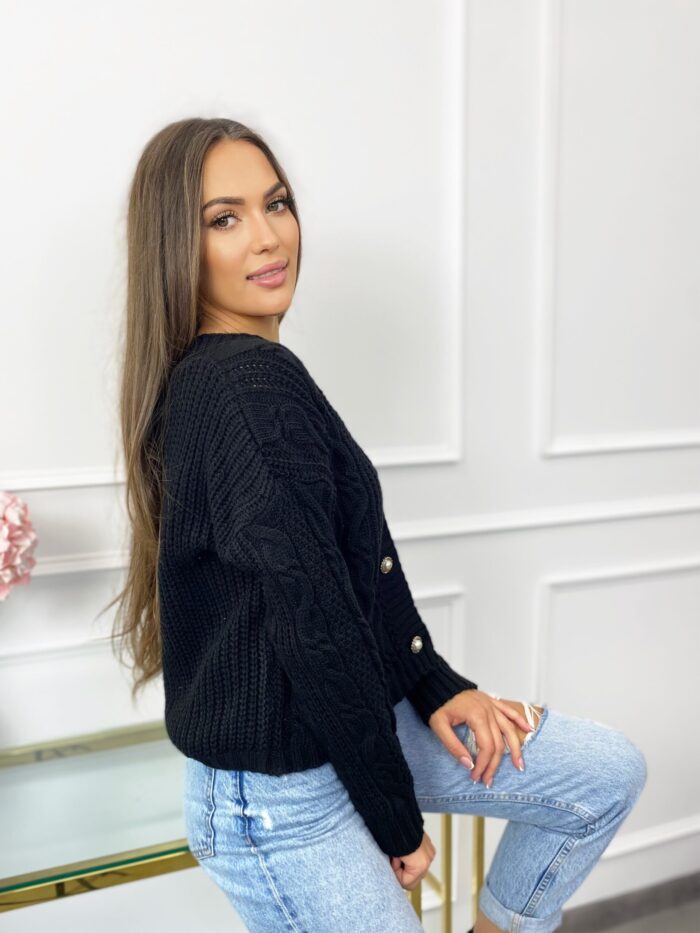 Sweter Ażurowy Zapinany Na Guziki Czarny - obrazek 5