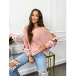 Sweter z Alpaki z Kokardkami na Rękawie Pudrowy Róz
