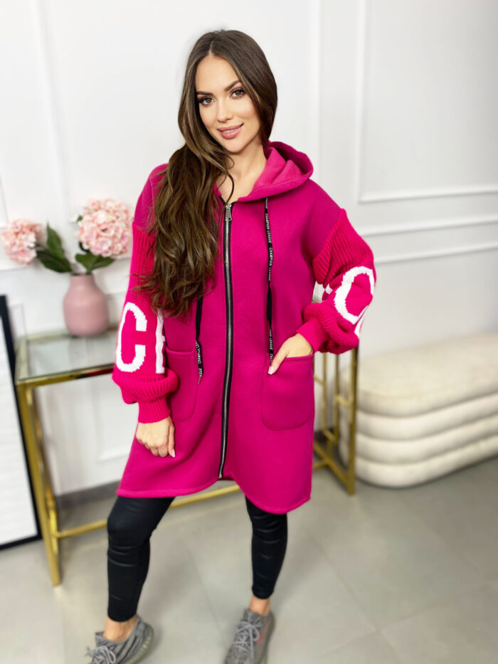 Bluza Długa Oversize na Zamek Love Fuksja - obrazek 4