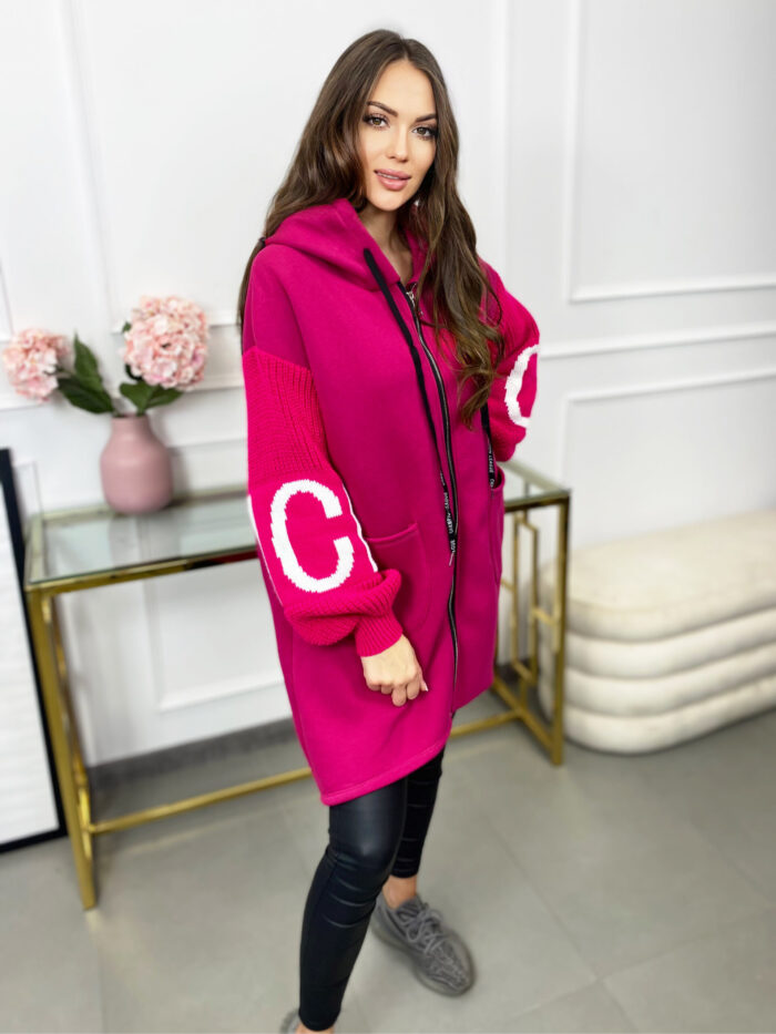 Bluza Długa Oversize na Zamek Love Fuksja - obrazek 2