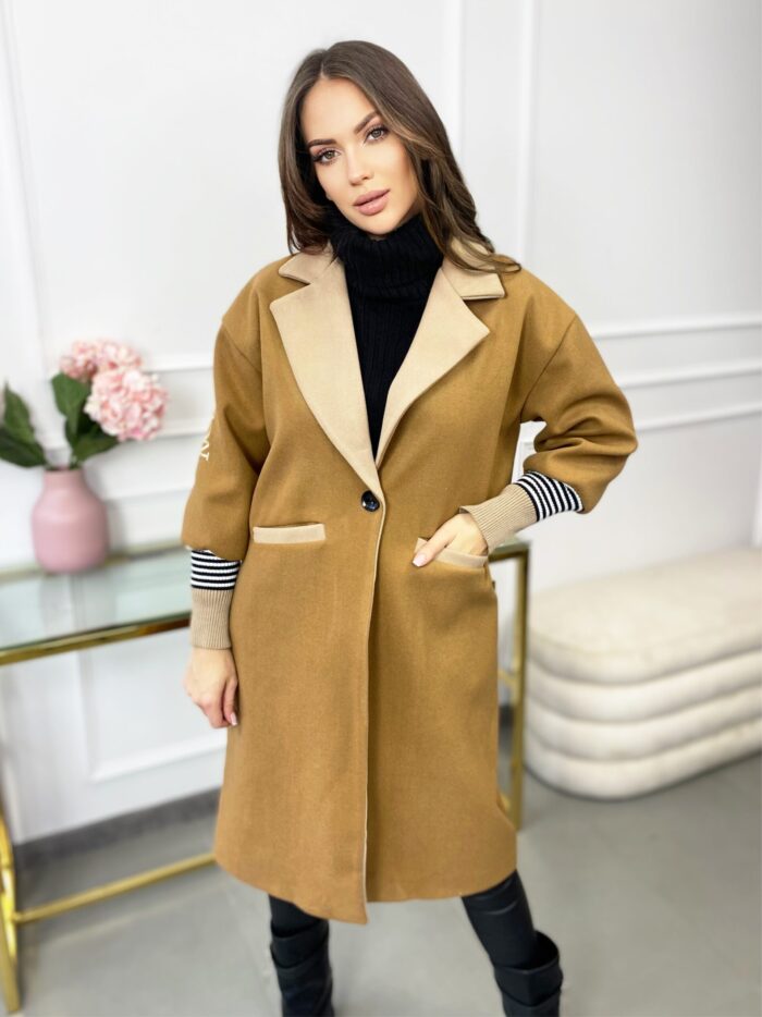 Płaszcz Damski Mon Amour Elegancki Karmel Z Beżem