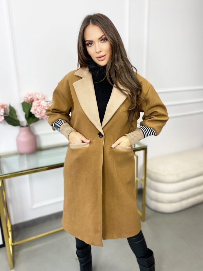 Płaszcz Damski Mon Amour Elegancki Karmel Z Beżem - obrazek 4