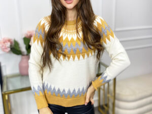 Sweter Krótki Wzory Zygzaki Bonnie Musztardowy