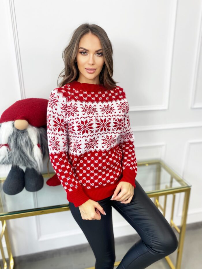 Sweter Świąteczny W Śnieżynki Czerwony - obrazek 3