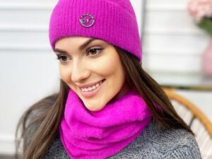 Komplet Alpaka Czapka Z Pomponem + Komin Fuksja